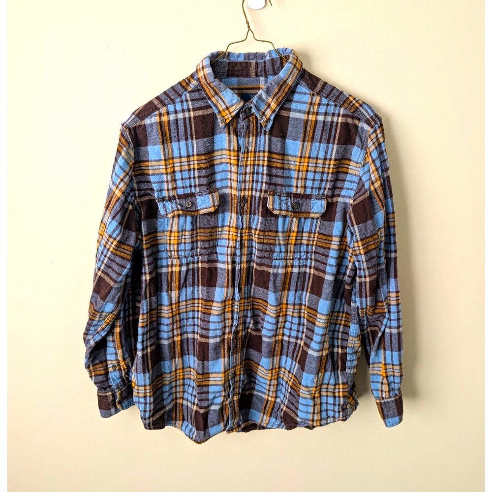 George Shirt Mens XL Blue Brown Yellow White Long Sleeve Flannel Plaid Pockets